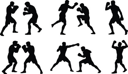 Boxing fighters silhouettes, men sparring in ring, boxing gloves, combat sport action, fighting poses, training session, black vector illustration, athletic competition, sportsmanship, martial arts.