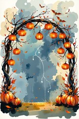 watercolor poster featuring pumpkin lantern archway, warm orange glow, space beneath for festival details.