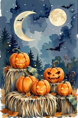 watercolor halloween poster with carved pumpkins sitting on hay bales, rustic charm, free area for festival promotion.
