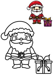 Line art and color illustration of Santa Claus with gift – printable, educational, and creative use