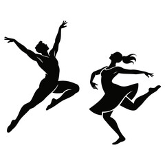 Silhouettes of two dancers midmovement, dynamic poses