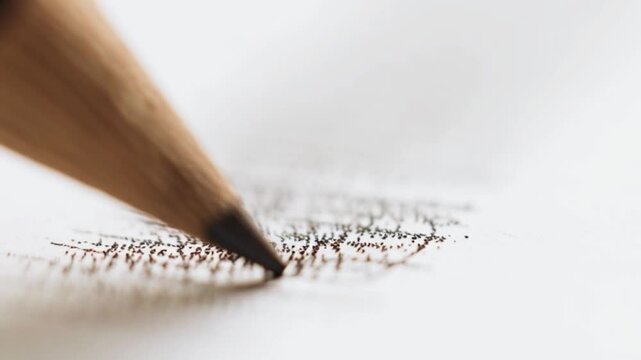 Macro close-up of wooden pencil tip shading on white paper. Artistic drawing process showing graphite texture, creativity, focus, and craftsmanship in fine detail 4K