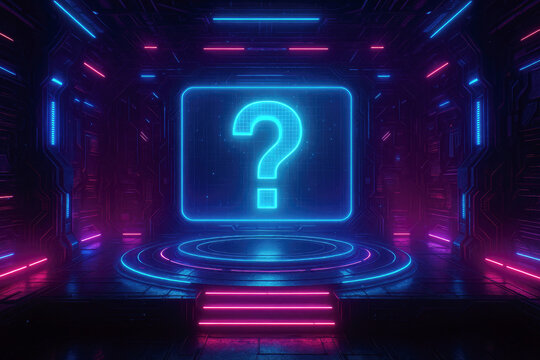 Futuristic Neon Question Mark Stage With Blue and Pink Lights glowing