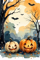 Poster with pumpkins, jack-o-lanterns and spooky fog. Prominent lettering area for promotion.