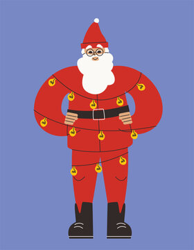 Santa Claus decorated with Christmas lights. Holiday character in linear flat style.