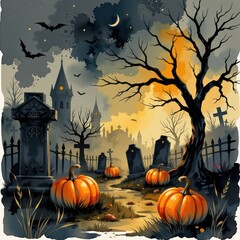 Halloween background with pumpkins and bats under an autumn night sky in a spooky festive design.