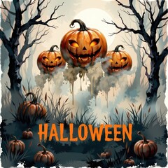 Spooky Halloween night background with bats and a scary pumpkin illustration.