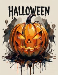 Spooky Halloween pumpkin vector illustration with a scary face for a festive autumn holiday celebration.