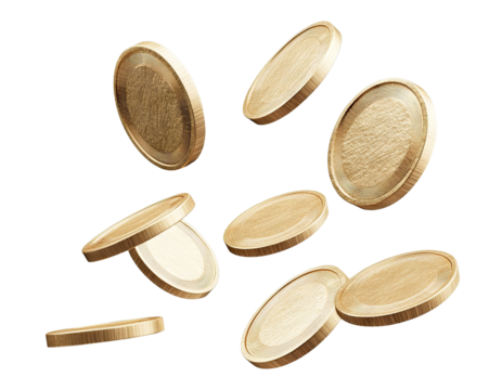 Shiny golden blank coins floating in air, isolated on transparent cutout background