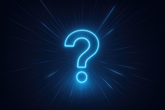 Glowing Neon Blue Question Mark Symbol with Radial Light Streaks on Dark Background