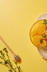 Fresh lemons and honey top view with mint leaves