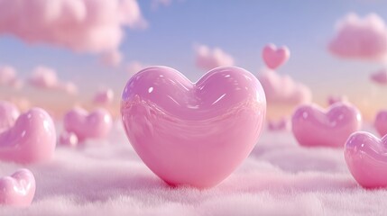 Pink hearts on fluffy clouds