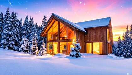 Snowy chalet at winter sunset