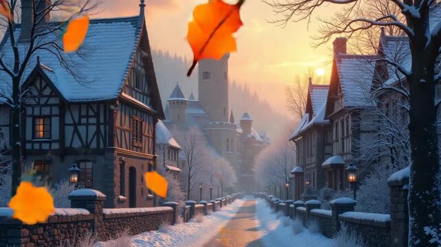 Fantasy winter autumn town snow leaves fall clear air medieval art style morning fog sunrise castle tower Europe city street cobblestone halloween cold old beautiful houses vacation