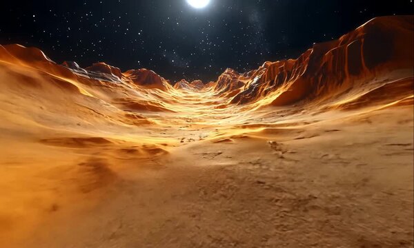 First Person View of a Martian Canyon Landscape with Desert Terrain, Cliffs, and Rocks