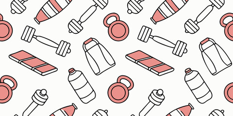 Seamless vector doodle pattern of yoga poses, dumbbells, kettlebells, water bottles, and gym mats in sketchy fitness style, health and wellness seamless background illustration