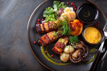 Gourmet dish seared pork belly seafood vegetables  sauces presented on dark textured plate