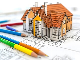 Detailed Architectural Model with Floor Plan and Colorful Pencils