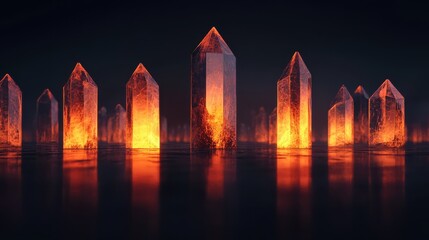 A vibrant display of glowing crystals reflecting light in a dark environment.