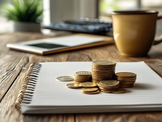 Stacked Coins on Notepad with Coffee and Calculator in Background
