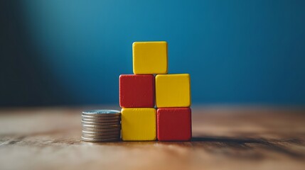 Colorful Building Blocks with Stacks of Coins on Wooden Surface