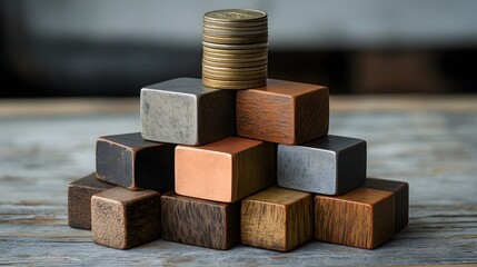 Stack of Colorful Blocks with a Tower of Coins on Wooden Surface