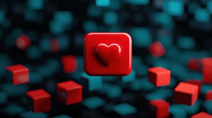A vibrant heart icon amidst floating cubes, symbolizing love in the digital age.