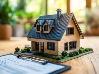 Miniature house on a wooden table with contract and greenery background