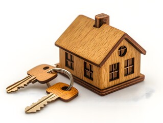 Wooden House Model with Real Keys on White Background