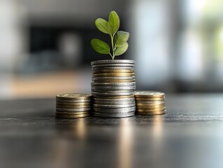 Growth Concept with Coins and Plant Signifying Financial Prosperity