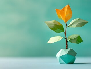 Colorful Origami Flower in a Geometric Pot with Soft Green Background