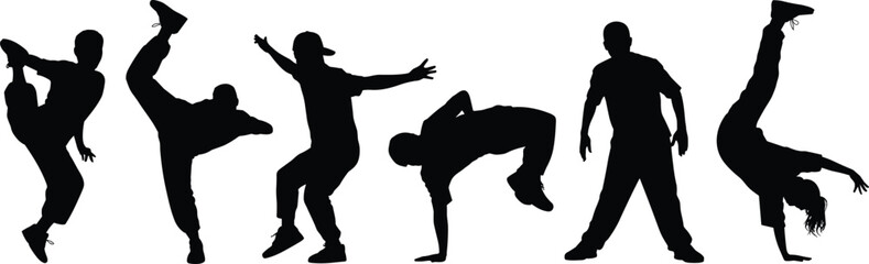 Breakdance silhouettes performing street dance moves, hip hop dancers, freestyle choreography, urban style, vector illustration, performance, culture, energy, expression