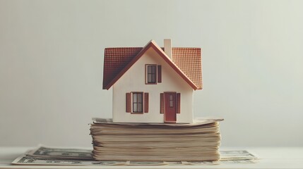 Miniature house model on stack of cash representing real estate value