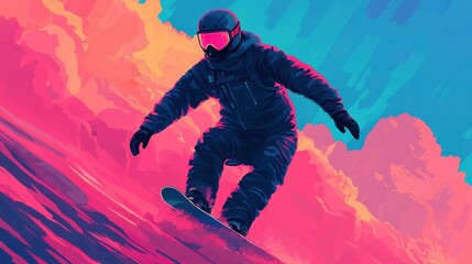 A vibrant illustration of a snowboarder in action against a colorful background.