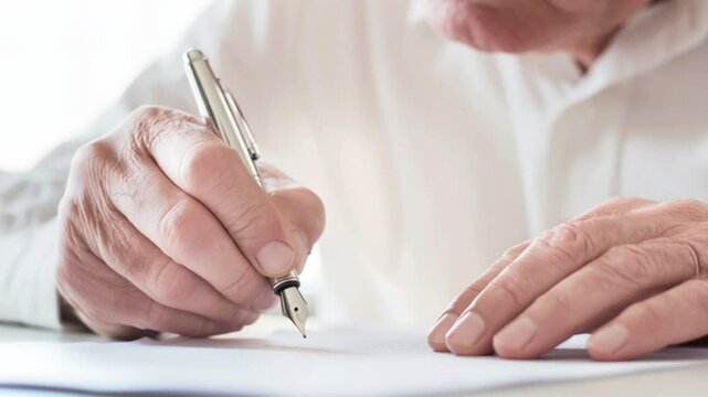 Old man writing with pen on paper, elderly hand holding fountain pen and signing document, senior person handwriting close up, pension legal agreement contract signing concept, education note video fo