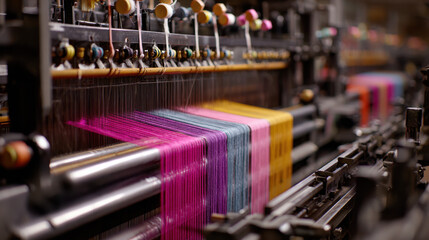 Colorful threads weaving through textile machinery creating intricate patterns and textures in a modern fabric manufacturing environment, with vibrant hues and detailed design elements.