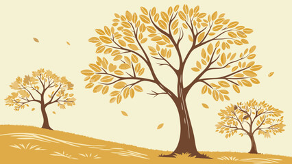 Illustration of three trees with golden leaves on a hillside in an autumn landscape scene design