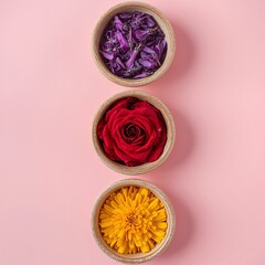 Wooden Bowls Top View with Bright Colorful Contents