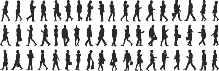 Obraz premium Business People Silhouette Walking Vector Set, Office Workers in Motion, Professional Men and Women Icons, Urban Crowd Illustration for Design, Corporate Characters PNG