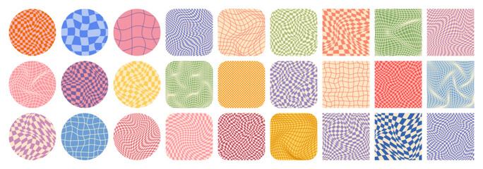 Groovy checkered pattern, colorful tiled grid. Vintage wavy curved backdrop, distortion effect. Funky geometric chessboard texture, retro background in 90s style, y2k. Vector illustration