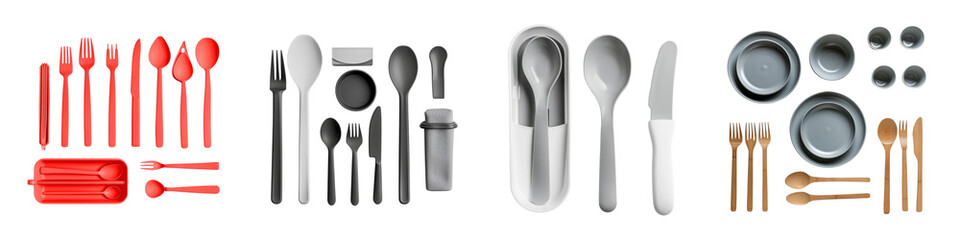 Sets of reusable cutlery in various colors materials are presented