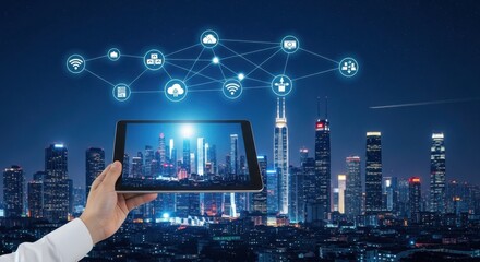 Smart city technology concept with a tablet displaying a futuristic cityscape and network connections