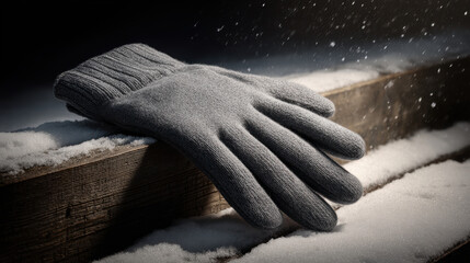 single glove rests gracefully on backdrop of pristine snow and rustic wooden planks creating captivating winter