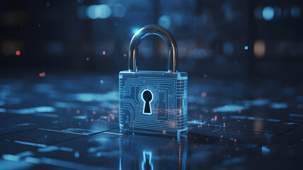 A digital padlock with circuit board pattern on a reflective surface with blurred blue background
