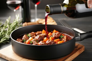 A pot of beef stew with carrots is being poured with red wine, surrounded by glasses of wine and garnished with herbs on a wooden board.