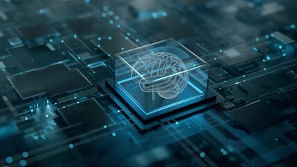 Artificial intelligence brain hologram inside digital microchip on futuristic circuit board close up, 3d neural network technology concept, machine learning innovation deep learning virtual data backg - Powered by Adobe