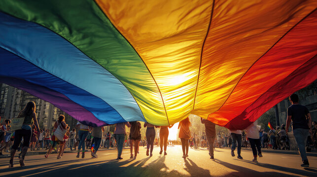 People holding rainbow flag at pride parade concept. A vibrant LGBTQ+ pride parade celebrating diversity and inclusion. - Powered by Adobe