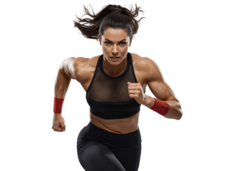 Determined athletic woman sprints forward with focused intensity and transparent ambiance