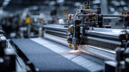 Automated textile machine weaving fabric in a modern factory setting with intricate machinery and bright lighting highlighting the production process.