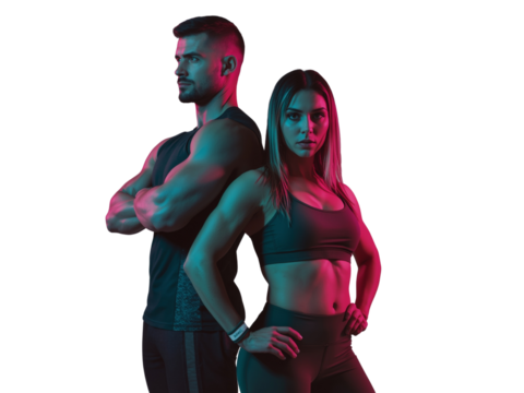 Confident fitness duo bathed in vibrant hues showcasing strength and determination, isolated